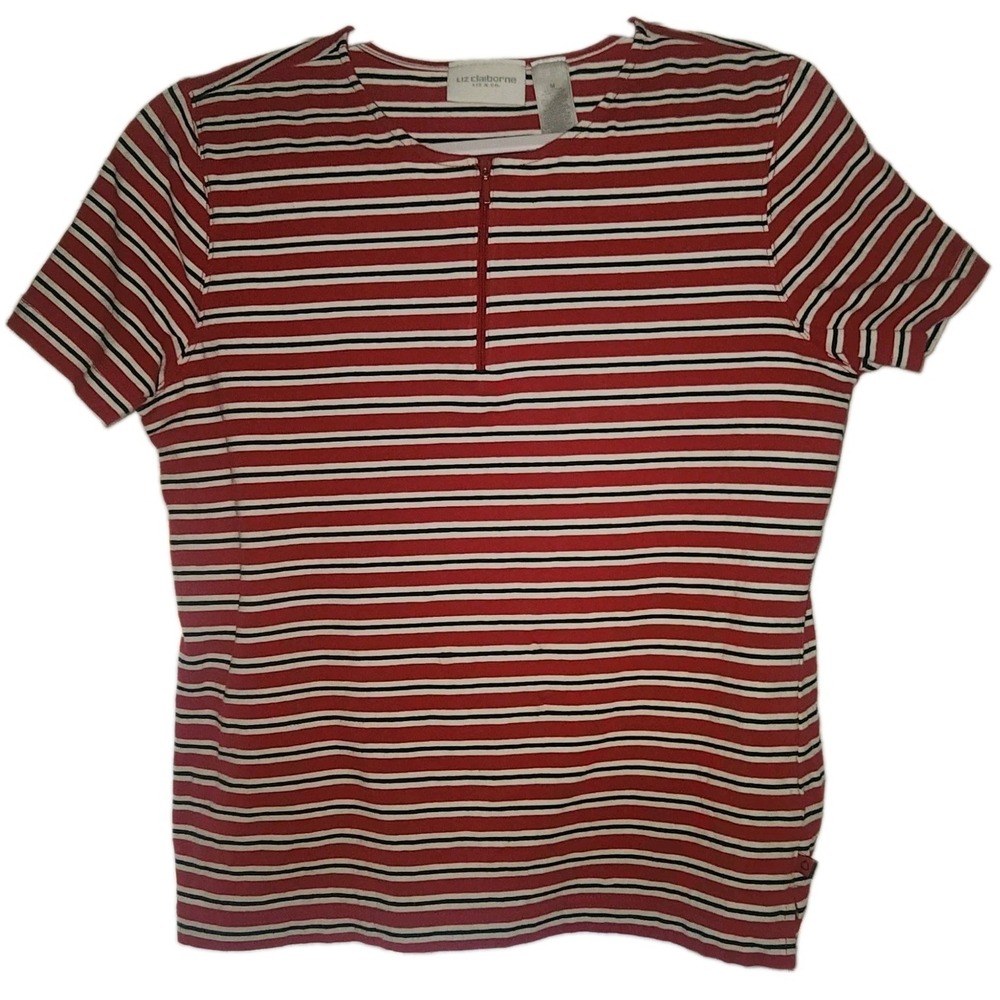 Liz Claiborne Red/White/Black Striped Zip Neck Women's Top
 MEDIUM